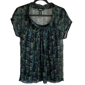 DKNY 100% Silk Top Blouse Sz 2 Sheer Silk Black Lining Abstract Print Career
